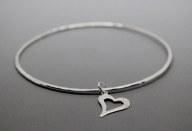Silver Heart Charm Bangle - Solid Sterling 925 Hammered Open
