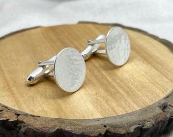 Silver Circle Cuff Links - Solid 925 Sterling Pair of Round Hammered Cufflinks Handmade From Recycled Eco Silver