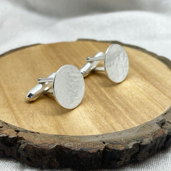 Silver Circle Cuff Links - Solid 925 Sterling Pair of Round Hammered Cufflinks Handmade From Recycled Eco Silver