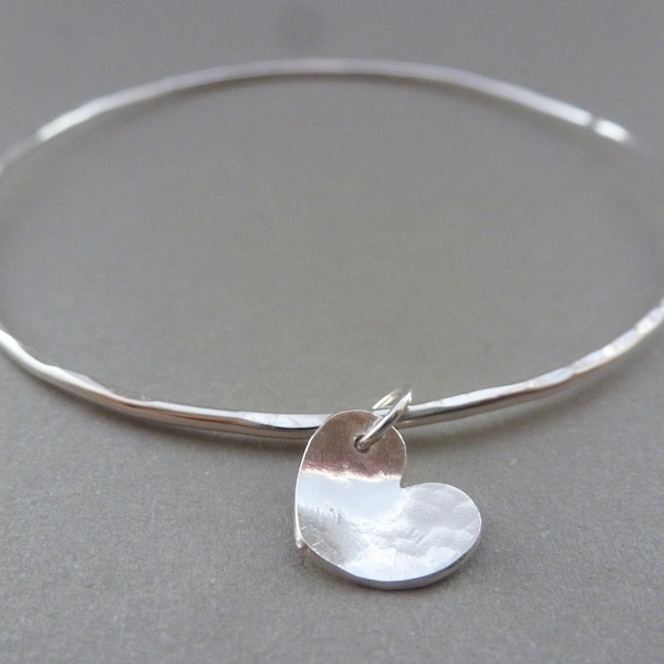 Silver Heart Bangle - 925 Sterling Hammered Stacking Bangle Charm Bracelet Handmade From Recycled Eco Silver