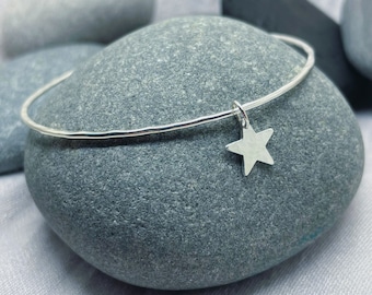 Silver Star Bangle - Sterling Silver Solid 925 Charm Bracelet Hammered Bangle Handmade From Recycled Eco Silver