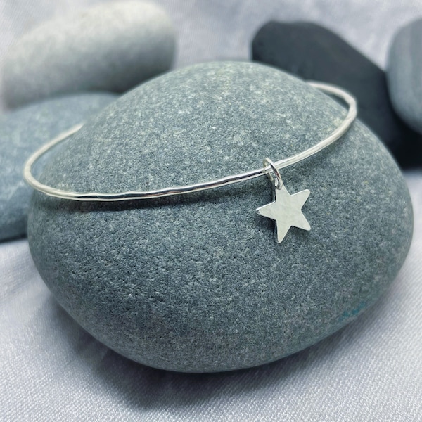 Silver Star Bangle - Sterling Silver Solid 925 Charm Bracelet Hammered Bangle Handmade From Recycled Eco Silver