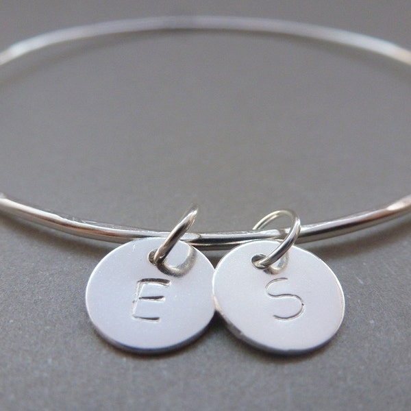 Personalised Silver Charm Bangle - Letter Initials Word Name Sterling 925 Hammered Bracelet Tags Disc Circle Handmade