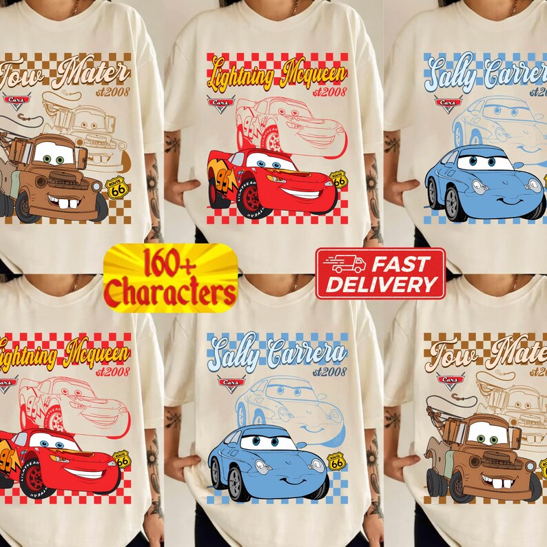 May include: Cream-colored t-shirts featuring cartoon car characters: Tow Mater, Lightning McQueen, and Sally Carrera. Each design includes the character's name, the year 2008, and the Route 66 logo. The shirts have a checkered border.