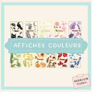 Peut inclure: Une série d'affiches éducatives sur les couleurs. Chaque affiche présente un nom de couleur en français, comme "Noir", et une illustration associée, comme un corbeau. L'ensemble est organisé en grille, avec le texte "AFFICHES COULEURS" au centre.