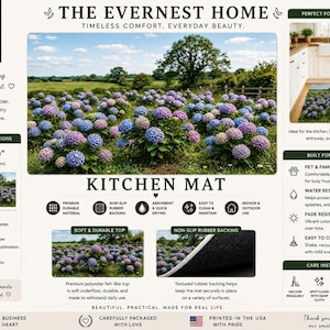 Alfombra de cocina con estampado de hortensias / Alfombra floral estilo rústico / Alfombra de cocina antideslizante para jardín campestre