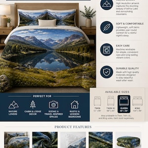 Puede incluir: Juego de edredón Mirror Lake con un diseño de montaña y lago. El juego de cama incluye un edredón y fundas de almohada. El texto de la imagen dice: "Trae la belleza pacífica de la naturaleza a tu dormitorio."