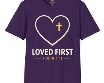 Camiseta con el primer corazón y la cruz / Camiseta cristiana con la inscripción 1 Juan 4:19