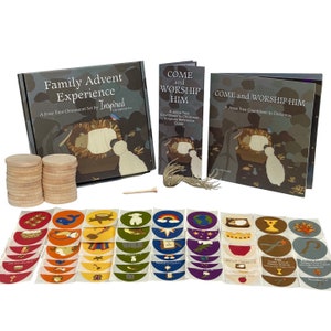 May include: A Jesse Tree ornament set for Advent with wooden circles, stickers, and a guide book. The guide book has the title "Come and Worship Him" and features a nativity scene with a lamb and a sheep. The stickers feature various symbols and scripture references.