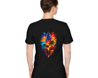 Camiseta con tabla de surf tropical y puesta de sol / Camiseta de playa con palmeras / Gráfico veraniego neón / Camiseta estilo surf / Ropa vibrante para vacaciones en la costa