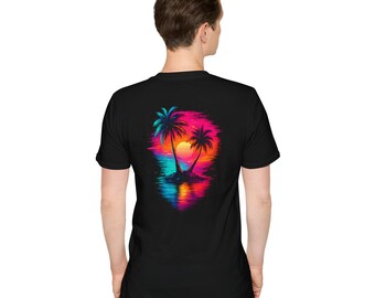 Camiseta Neon Tropical Sunset / Camiseta Retro Palm Tree Beach / Gráfico Vaporwave Island / Camiseta de verano con estética de los 80 / Estilo surf costero