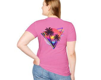 Camiseta Retro Tropical Sunset / Camiseta con Gráfico de Palmera de Neón / Camiseta Synthwave Vaporwave de los 80 / Camiseta de Verano con Estética Playa / Estilo Surf Vintage
