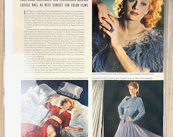 Fotografía vintage de Lucille Ball titulada "Technicolor Tessie" – Página de revista de Hollywood de la década de 1940