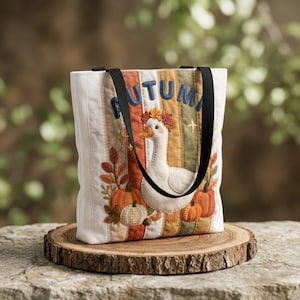 Autumn Goose Patchwork Tote Bag: Cozy Fall Decor, Book Lover Gift