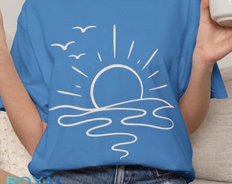 Sun Ocean Shirt, Summer Tshirt, Trendy Beach Tee, Cute Minimalist Sun Graphic Tee, Linear Graphic Apparel, Coastal Shirt, Vocation Shirt