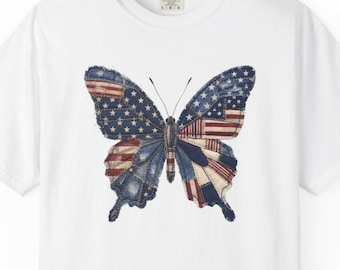 USA Butterfly Shirt, 4th Of July Tee, American Flag Butterfly Tee, Independence Day Shirt, USA Freedom, Patriotic, Print Only--Not a Patch
