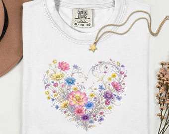 Flower Shirt, Wildflower Tee, Floral Shirt, Heart Design, Botanical, Nature, Cottagecore, Boho, Mothers Day Gift