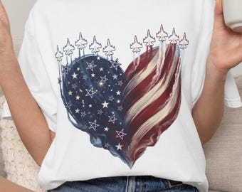 Jet Heart Graphic Tee, Military USA Shirt, Red White Blue, 4th of July Shirt, Freedom, American Flag Heart Tee, Independence Day Shirt