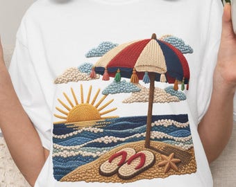 Beach Sunset Shirt, Coastal Summer Graphic Tee, Cute Ocean Vacation Tshirt, Summer Vocation Shirt, Embroidered Design, Print Only - Not Yarn