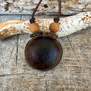 Op de afbeelding: Een hangerketting met een grote, ronde, donkerbruine, getextureerde zaaddoos die aan een donkerbruin leren koord hangt. Het ontwerp bevat twee gladde, lichtgekleurde houten bolvormige kralen en twee kleinere, platte, donkerbruine houten accentkralen.