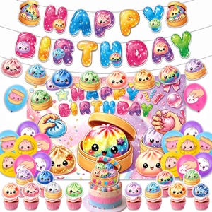 May include: A birthday party decoration set featuring a Happy Birthday banner, a backdrop with rainbow colors and cartoon dumplings, assorted balloons, and cupcake toppers, all decorated with colorful, smiling dumpling characters.