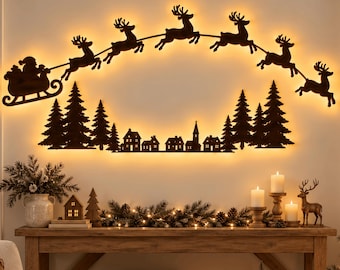 Lighted Christmas Wall Decor, Santa Reindeer Sleigh & Village Silhouette, Holiday Wall Art, Mantel Decor