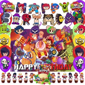 May include: A colorful birthday party scene featuring character cutouts, balloons, cupcakes, and a cake. The words "HAPPY BIRTHDAY" are prominently displayed. The decorations feature various cartoon characters in a festive arrangement.