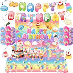 May include: A birthday party decoration set featuring a rainbow-colored tablecloth, a backdrop with the text Happy Birthday, balloons, and hanging banners. The items are decorated with colorful illustrations of various food items, including cakes, puddings, and ice cream popsicles with smiling faces.