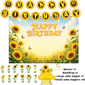 Pode incluir: Um conjunto de festa com tema de girassol, incluindo uma faixa com as letras HAPPY BIRTHDAY, um pano de fundo com um campo de girassóis sob um céu azul, um topo de bolo grande e doze topos de bolo pequenos de girassol.