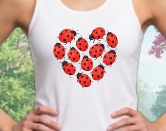 Camiseta sin mangas con estampado de mariquita en forma de corazón / Camiseta con estampado de jardín alegre