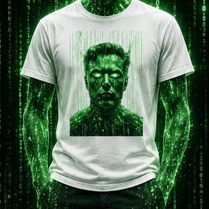 May include: White t-shirt featuring a green digital art portrait. The graphic depicts a person's face and upper body with a matrix-style design. The person's eyes glow green, and the overall aesthetic is futuristic and tech-inspired.