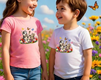 Camiseta juvenil con estampado de cachorros husky y gatitos jugando con mariposas / Camiseta infantil floral divertida