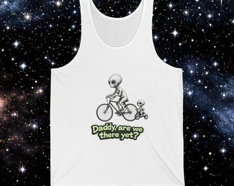 Alien Dad and Baby on Bikes Tank | Funny 'Daddy are we there yet?' Graphic