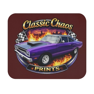 Plumcrazy Flaming Muscle Car Mouse Pad | Classic Chaos Racing Graphic
