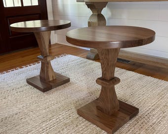 Pair of Walnut Side Tables, Pedestal Base, Circle Top