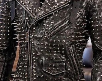 Men’s Handmade Studded Spiked Leather Biker Jacket | Punk Rock Gothic Motorcycle Moto Coat | Heavy
