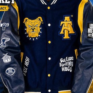 HBCU Varsity Jacket: Navy Gold Wool Leather Bulldog Letterman Bomber Aggie Pride