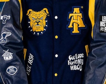 HBCU Varsity Jacket Aggie Pride Bulldog Letterman Navy Gold Wool Leather Unisex