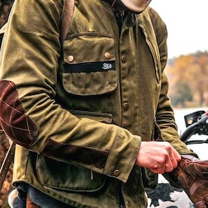 Vintage Waxed Canvas Jacket Men, Motorcycle Biker Field Coat, Military Utility Jacket, Retro Outdoor Travel Jacket, Elbow Patch Coat