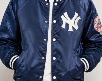Marinblå satin varsityjacka, retro college baseball bomberjacka, unisex streetwear
