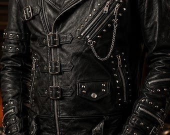 Michael Jackson BAD Inspired Handmade Black Leather Jacket Unisex Studded Punk Rock Biker Coat