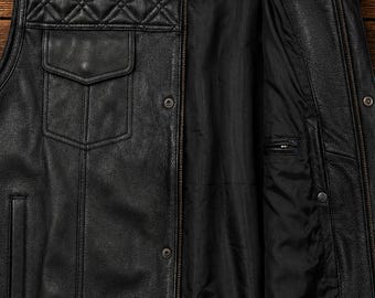 Handmade Black Leather Biker Vest Men Motorcycle Quilted Riding Waistcoat Gift