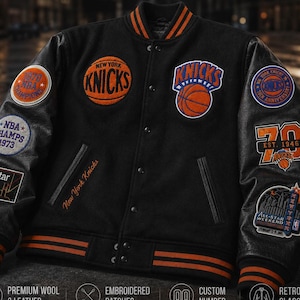New York Basketball Varsity Jacket Black Wool Leather Letterman Jacket Retro Bomber Coat Embroidered Patch Custom Number Gift for Him Unisex