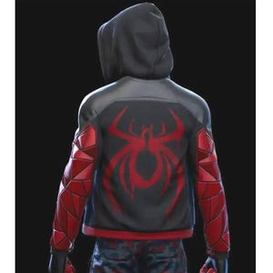 May include: Black hooded jacket with a red spider emblem on the back. The jacket features red geometric patterned sleeves and a black hood. The jacket is a bomber style with a red trim.