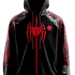 May include: Black zip-up hoodie with a red spider emblem on the chest and red accents. The sleeves feature a red geometric pattern. The hood and cuffs are black with red trim. A stylish and comfortable hoodie.