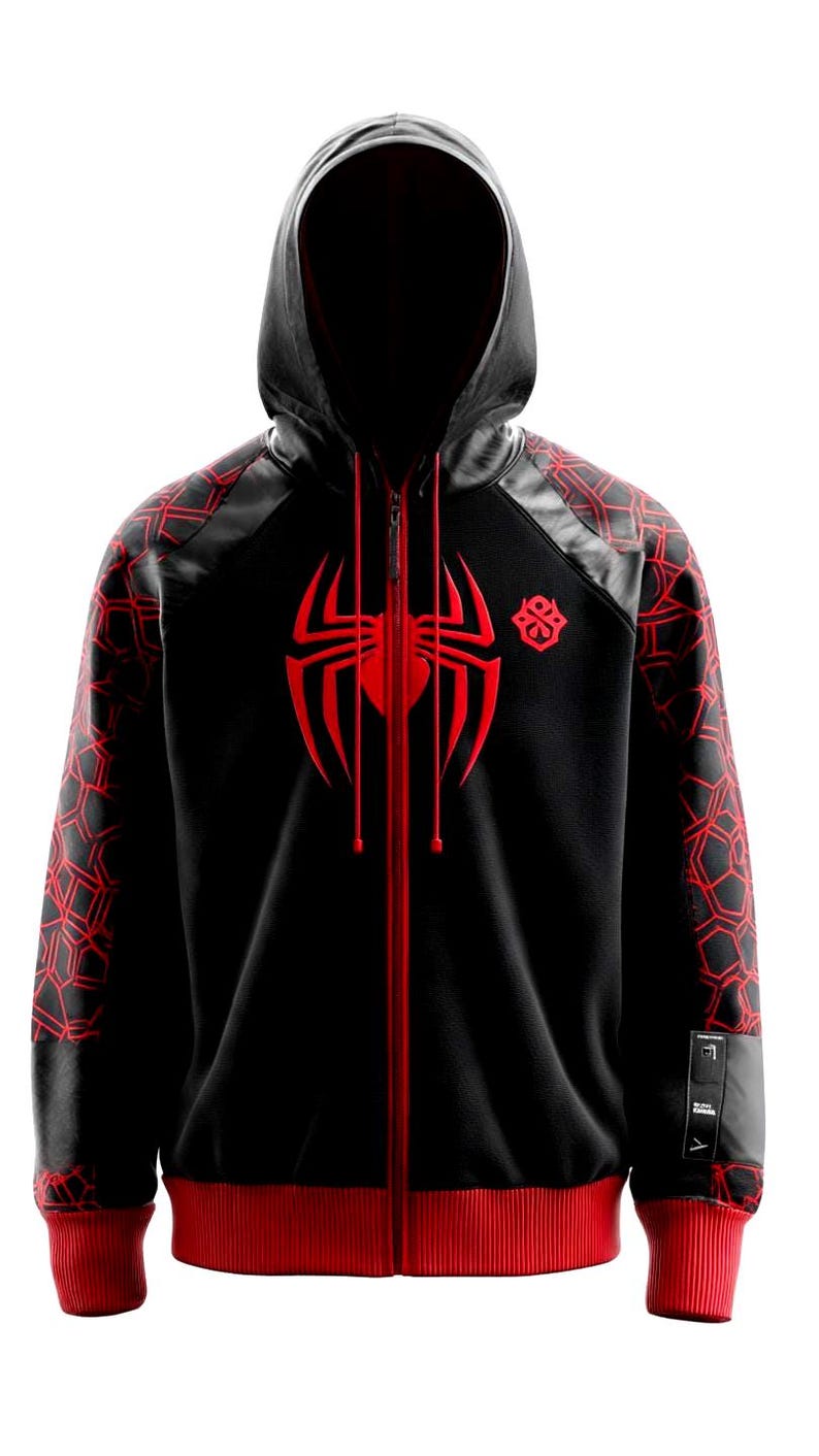 May include: Black zip-up hoodie with a red spider emblem on the chest and red accents. The sleeves feature a red geometric pattern. The hood and cuffs are black with red trim. A stylish and comfortable hoodie.