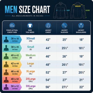 May include: A navy blue and white men's size chart with measurements in inches. The chart includes chest, sleeve, and shoulder measurements for jacket sizes XSmall to 3XLarge. The text "MEN SIZE CHART" is at the top.