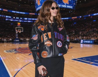 Handmade Hailey Bieber New York Knicks Leather Jacket, Black Vintage Basketball Varsity Bomber Jacket, Celebrity Streetwear Coat