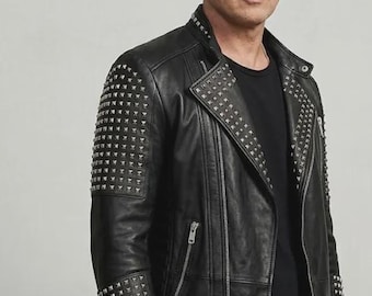 Men’s Black Studded Leather Biker Jacket – Punk Rock Motorcycle Moto Gothic Coat Rocker Streetwear