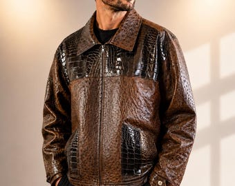 Handmade Crocodile & Ostrich Embossed Leather Jacket Vintage Designer Biker Coat Gift for father Unisex